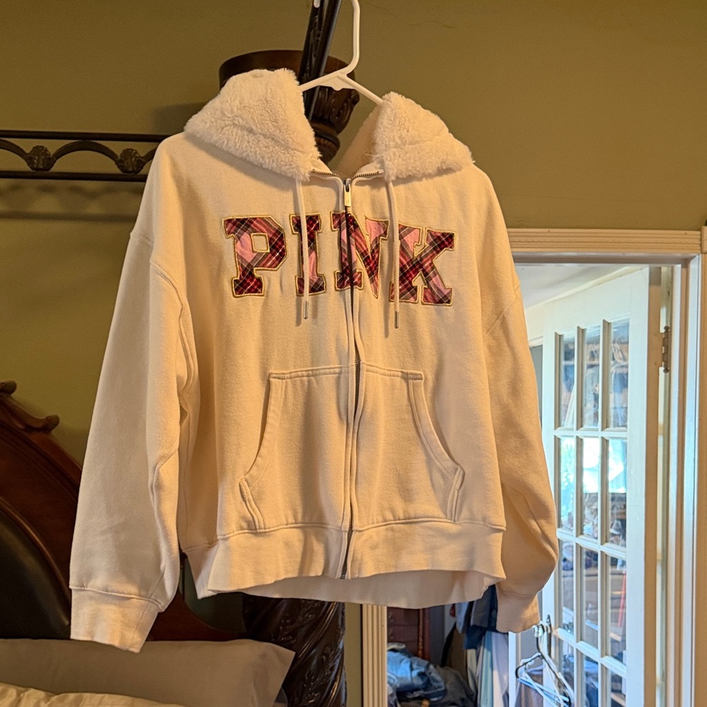 PINK Victoria's Secret White Sherpa-Lined Zip Hoodie with Plaid Logo